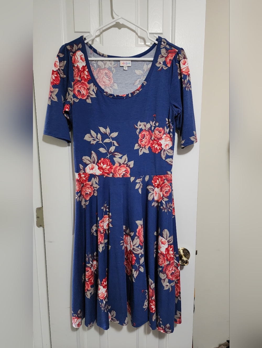 LuLaRoe Nicole Navy Top with Pink Floral Trim Large